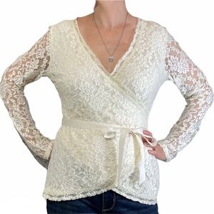 MAURICES Cream Lace faux wrap long sleeve blouse M